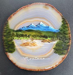 Vintage Pretty Hand Painted Mountain Scene On A Slice Of Natural Agate