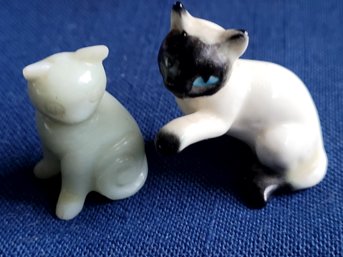 Two Vintage Miniature Cat Figurines - Bone China & Carved Jadeite