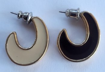 Vintage Double Sided Brown & Cream Enanamel Crescent Shaped Avon Earrings