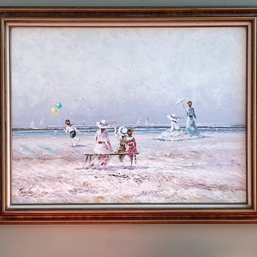 MCM Beach Scene Oil Painting On Canvas Framed