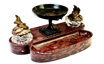 Red Stone And Gilt Bronze Koi Fish Double Inkwell Set