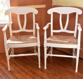 (2) White Distressed French Country Rush Seat Chairs