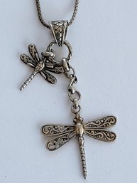 Vintage Sterling Silver Dragonflies Pendant Necklace On Made In Italy Chain