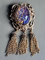 Vintage Iridescent Gold & Blue Glass Cabochon With Chain Tassels Brooch