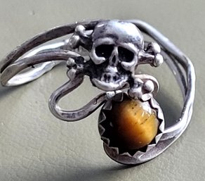 Vintage Artisan Sterling Silver Skull And Bones Ring With Natural Stone