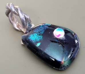 Beautiful Artisan Blue Dichroic Glass And Sterling Silver Pendant