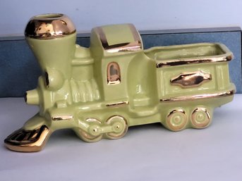 Mid Century Modern Lime Green With Gold Trim Train Ceramic Planter