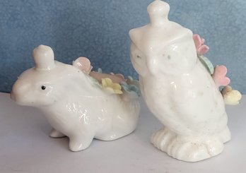Vintage Rabbit And Owl Pin And Thimble Holder Ceramic Figurines For Sewing