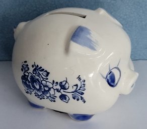 Adorable Vintage Ceramic White And Blue Piggy Bank