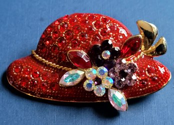 Vintage Sparkling Rhinestone Large Red Hat Pendant And Brooch