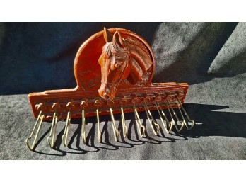 VINTAGE CARVED HORSEHEAD TIE RACK