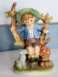 Sweet Vintage Boy Under The Apple Tree With His Dog Figurine