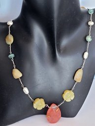 Sterling Silver Natural Stone, Glass & Pearl Station Bead Necklace