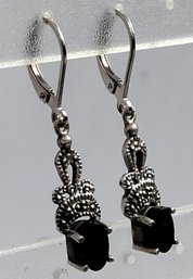 Pretty Sterling Silver, Onyx And Marcasite Dangling Earrings