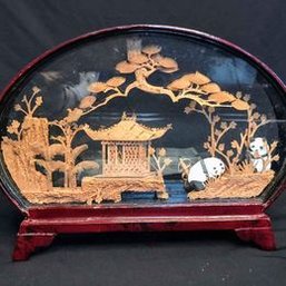 Vintage Chinese Cork Diorama With Pagoda, Intricate Carved Natural Scene With Panda Bears And Trees