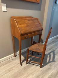 Vintage Oak Fall Front Desk And Rush Seat Chair