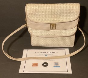 Fendi Vintage Off White Leather  Weaved Handbag