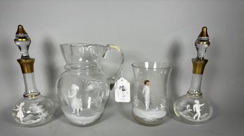 FOUR PIECES MARY GREGORY GLASS, A PITCHER, TWO CLARETS, AND A VASE