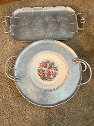 2 Hammered Aluminum Serving Trays, 1 With Limoges Plate