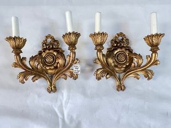 Pair Of Gold Leaf Electrified Italian Wood Candelabras/wall Sconces