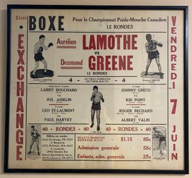 Vintage 1940 Canadian Boxing Poster- Flyweight Fly Lamothe Vs Greene - Exchange Stadium, Montreal Canada