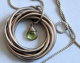 Nice Sterling Silver Eternity Circle And Peridot Drop Pendant Necklace - Made In Italy Chain
