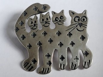 Vintage Designer Richard Lindsay Crazy Silly Cats Sterling Silver Brooch
