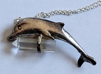 Amazing Vintage Dolphin Pendant With Crystal & Made In Italy Chain