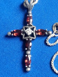 Beautiful Garnet Cross Pendant With Sterling Silver Made In Italy Chain Necklace