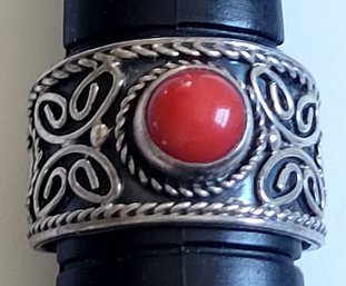Vintage Sterling Silver Boho Style Band Ring With Coral Center