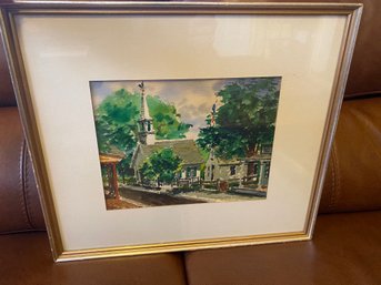 New England Church Watercolor  Signed  1975