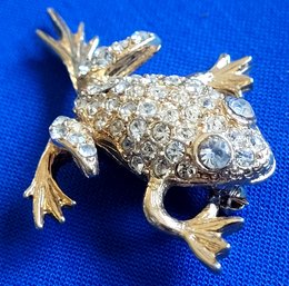 Fabulous Frog With Pave Rhinestones On Gold Tone Brooch
