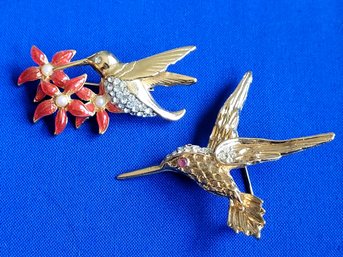 Two Beautiful Gold Tone And Rhinestone Hummingbird Brooches- One 14k GF