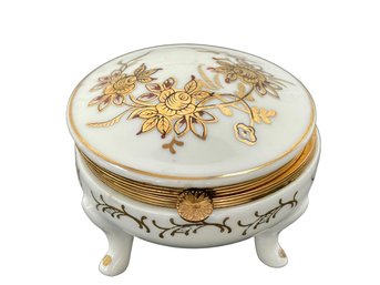 Vintage Porcelain Jewelry/Trinket Box  With Gold Leaf Floral Design. Makers Mark 44/217