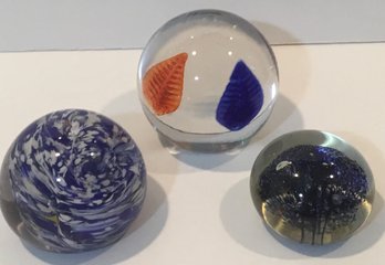 Trio Of Blue & Colorful Paperweights, Signed 1994