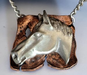 Equestrian Theme Horse Head Copper & Pewter Finish Pendant Necklace