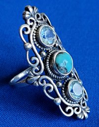Beautiful Turquoise & Blue Topaz Sterling Silver Elongated Ring