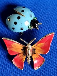 Vintage Butterfly & Beetle Colorful Enamel Brooches - One Marked 'Nemo'