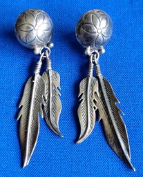 Two Feathers & Concho Native American Southwestern Sterling Silver Drop Earrings