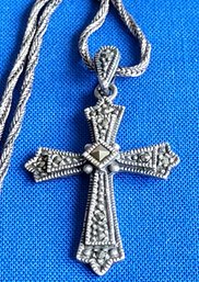 Nice Sterling Silver & Marcasite Cross With Made In Italy Chain