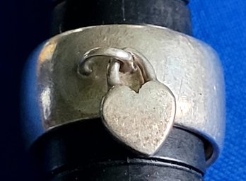 Vintage Sterling Silver Wide Band Ring With Dangling Heart Charm