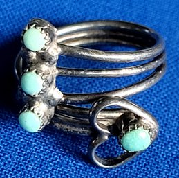 Fantastic Vintage Sterling Silver Southwestern Coil Ring With Stacked Turquoise & Heart Detail