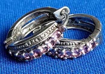 Sterling Silver & Pink Inset CZ Huggie Pierced Earrings