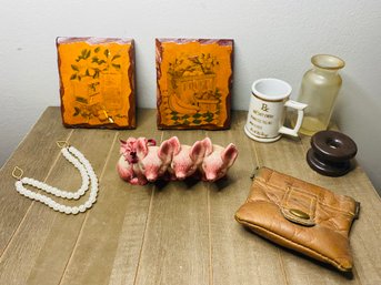 Small Minis Lot- Coin Purse, Pigs And Faux Pearl Button Collar