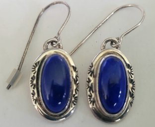 Beautiful Sterling Silver & Lapis Lazuli Oval Framed Drop Earrings