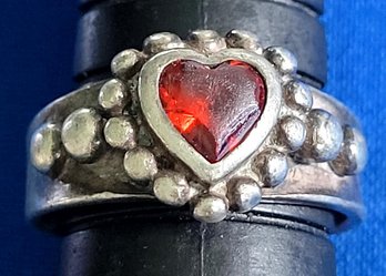 Lovely Sterling Silver & Fiery Garnet Heart Vintage Ring