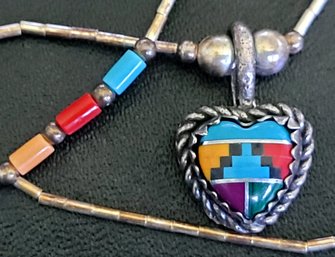 Beautiful Multi Colored Sterling Silver Southwestern Inlaid Heart Pendant Necklace With Liquid Silver Beads
