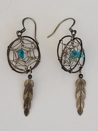 Nice Dreamcatcher Sterling Silver Earrings With Turquoise Center