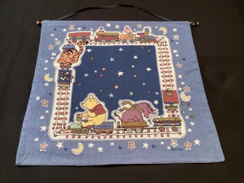 Winnie The Pooh Train Wall Tapestry With Wooden Dowel And Ribbon For Hanging