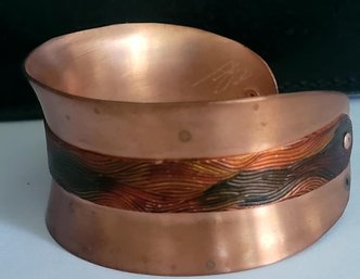 Lovely Vintage Artisan Signed Copper Flared Cuff Bracelet